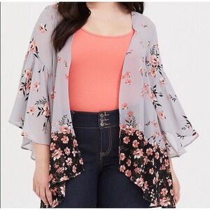 Torrid Floral Print Sheer Kimono Open Front Bell Sleeve 2 Tone‎ Gray Coral 1X/2X